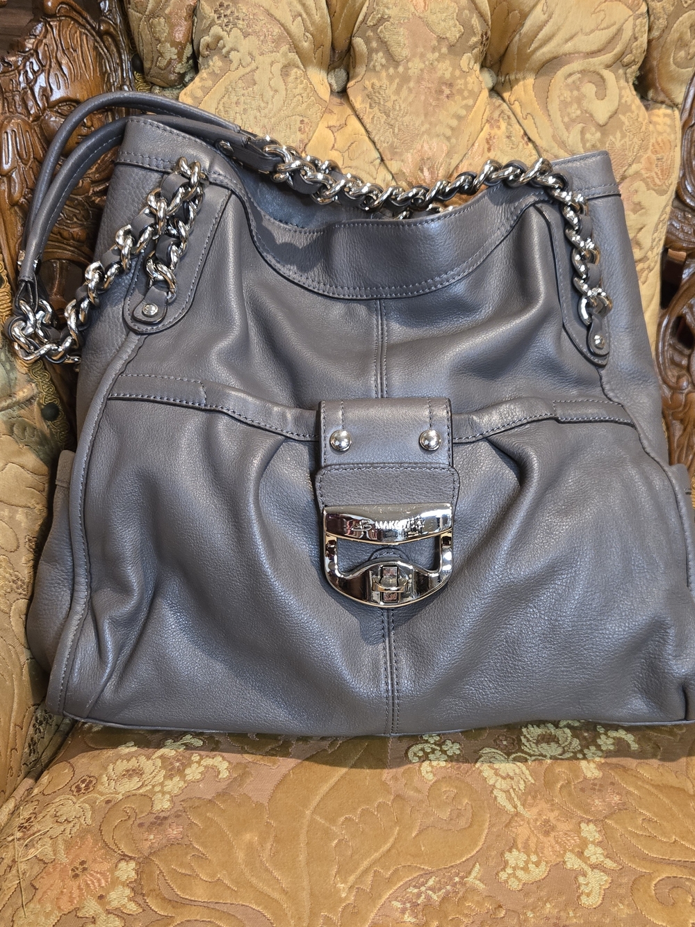 Women's Slate Gray Leather Shoulder/Hobo. Chain-Strap and Silver Lock Detailing